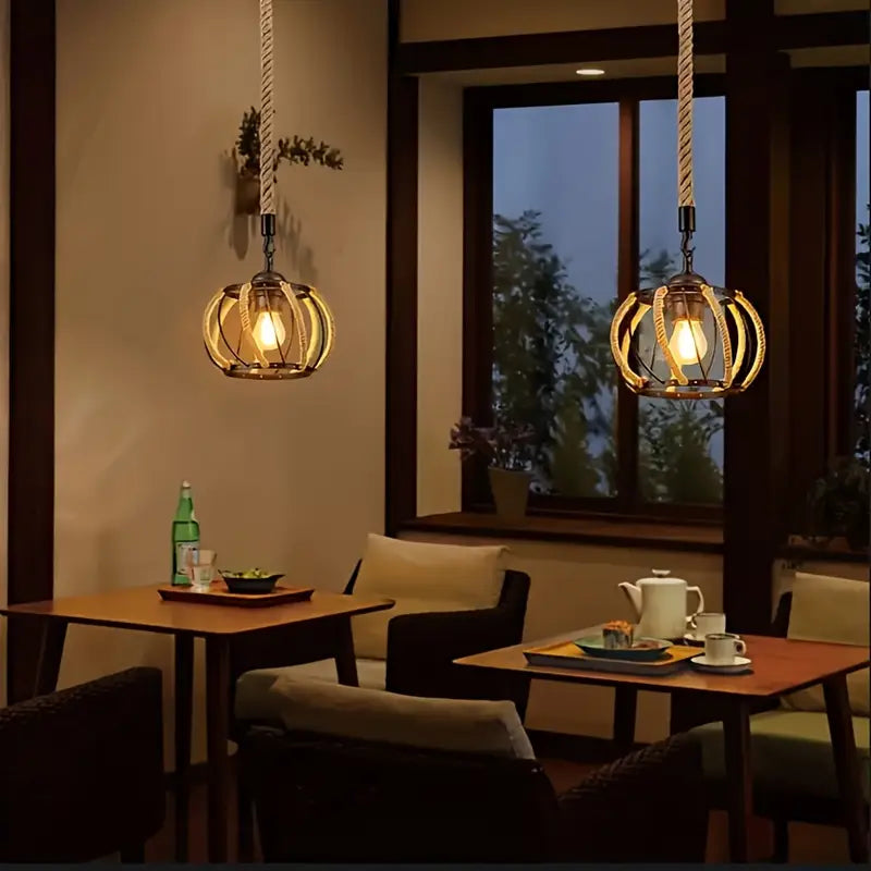 Industriële Hanglamp met Gevlochten Touw en IJzeren Frame