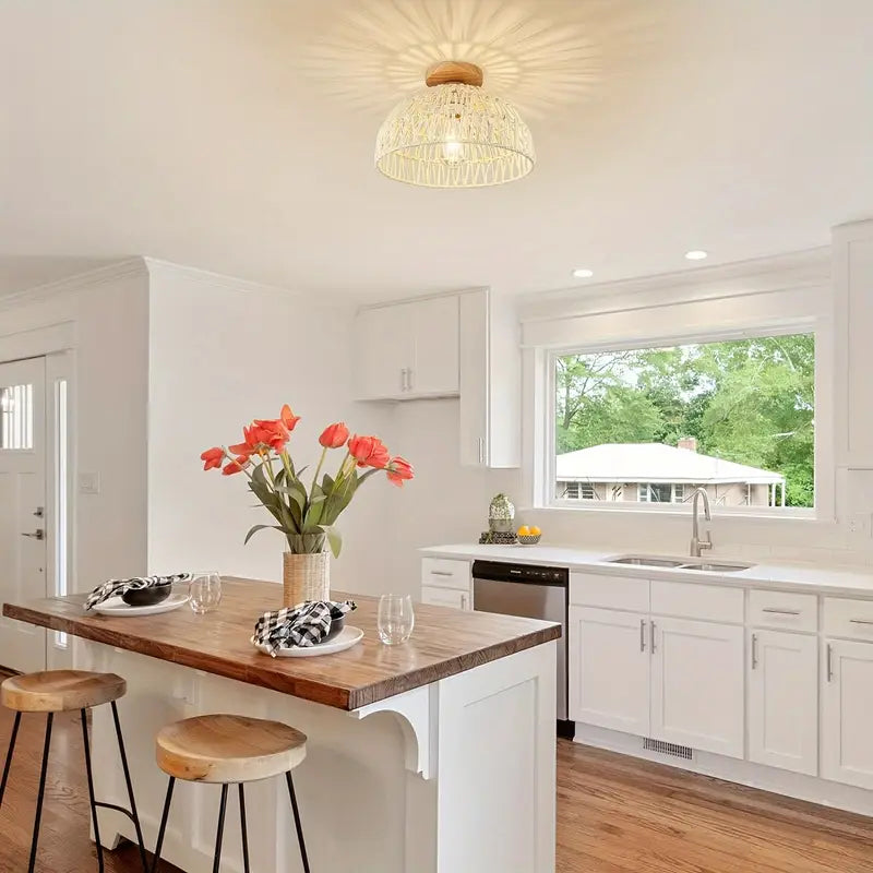 Boho Rotan Handgeweven Plafondlamp met Houten Basis