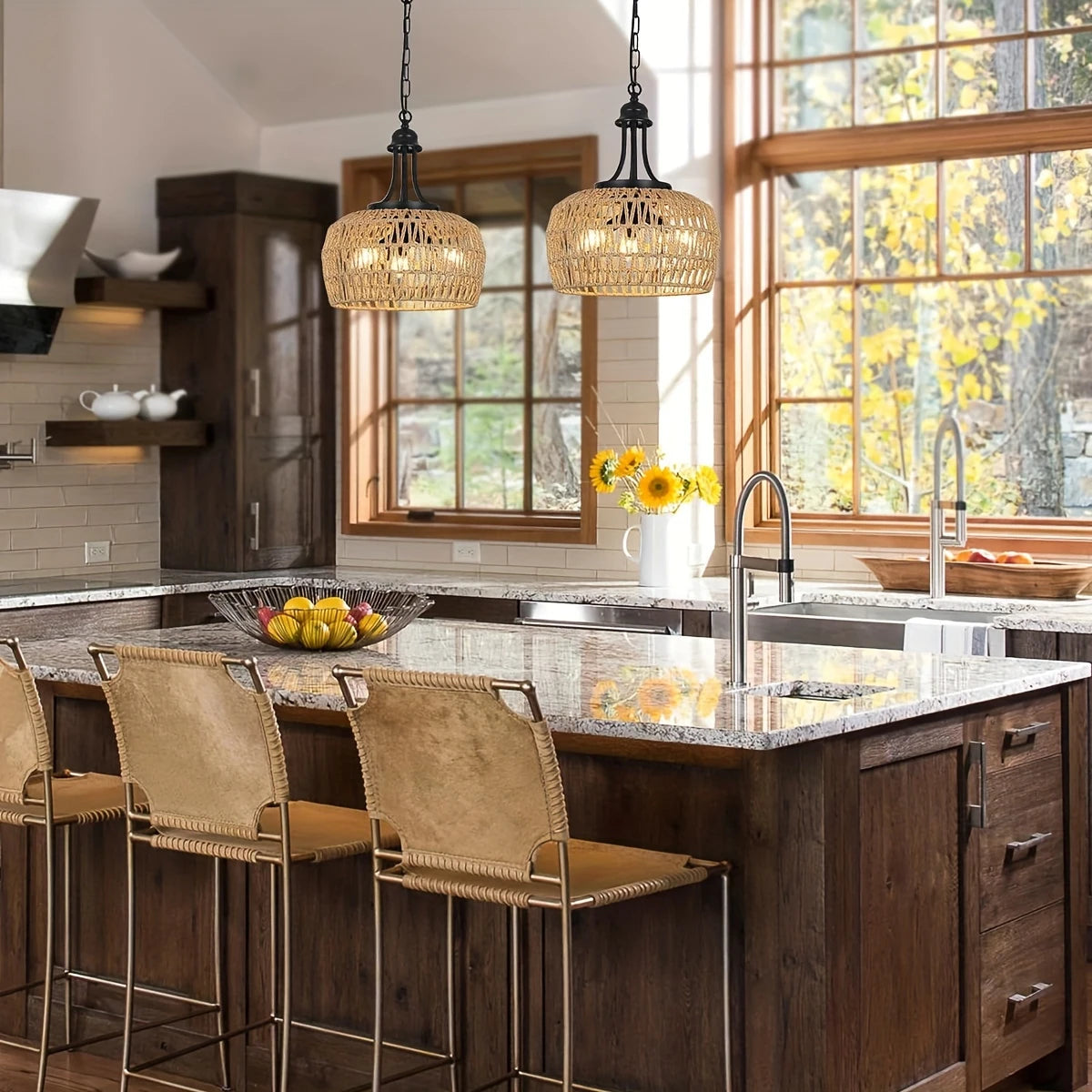 3-lichts Boho Boerderij Kroonluchter– Hanglamp met Gevlochten Rattan Look