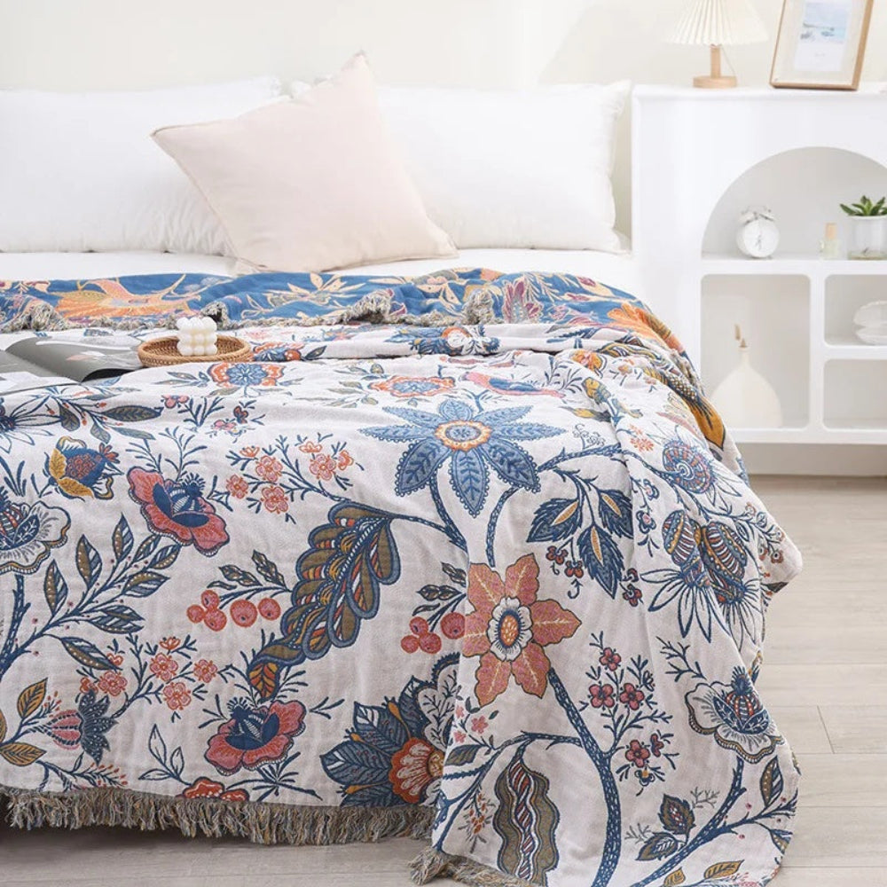 Plaid Deken Katoen Bloemen Jacquard Kwastjes Omkeerbaar