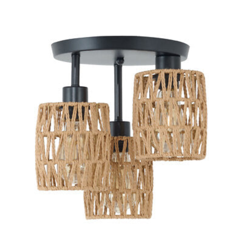 Boho Plafondlamp Met Rotan Kappen en Zwart Mand Frame