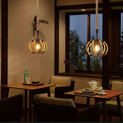Industriële Hanglamp met Gevlochten Touw en IJzeren Frame