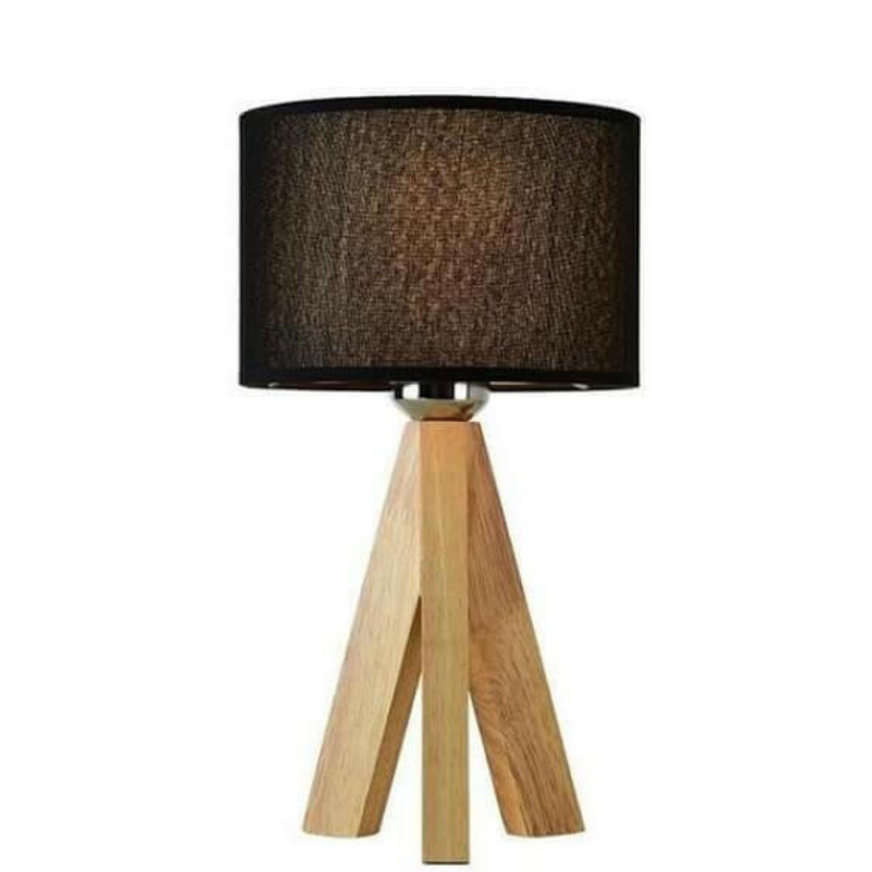 Houten Tafellamp met Zwart-Witte Stoffen Kap