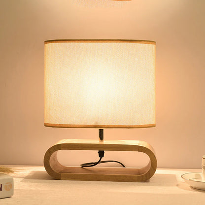 Scandinavisch Tafellamp  met Houten Basis en Stoffen Kap