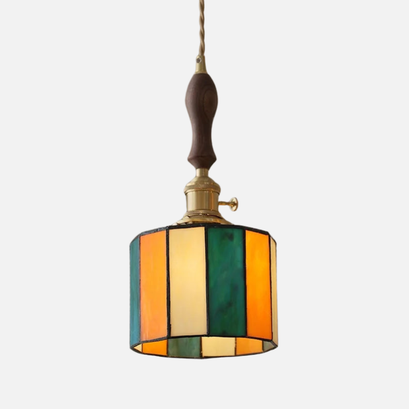 Moderne Hanglamp met Koperknop & Gekleurd Glas