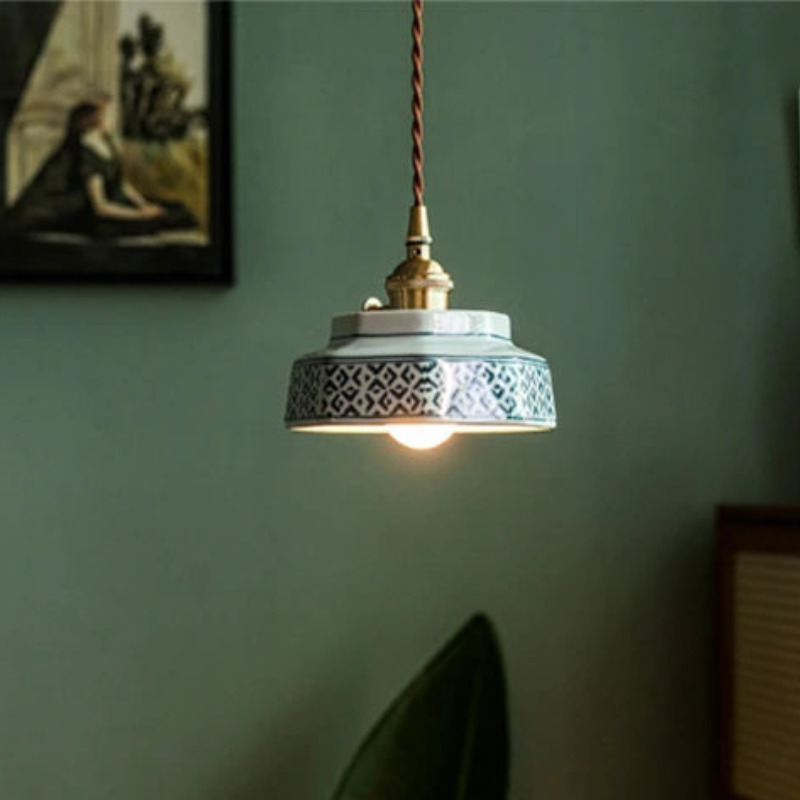 Vintage Keramieken Hanglamp met Koperaccent