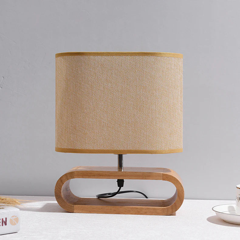 Scandinavisch Tafellamp  met Houten Basis en Stoffen Kap