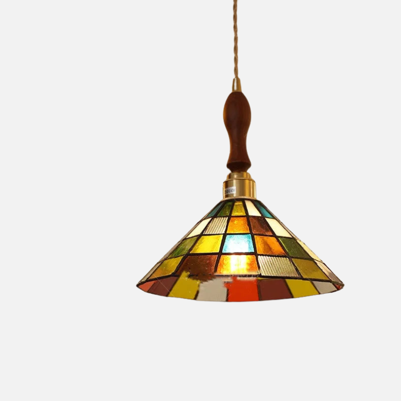 Moderne Hanglamp met Koperknop & Gekleurd Glas