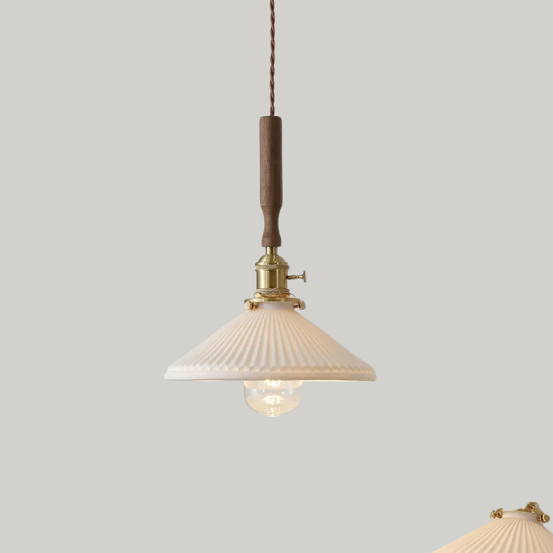 Scandinavische Keramische LED Hanglamp met Walnoothout