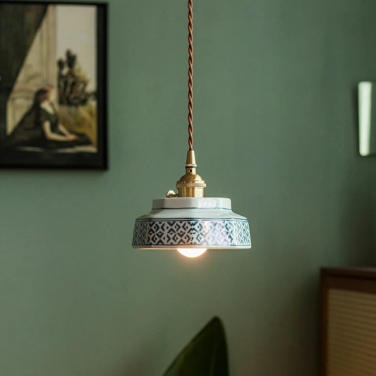 Vintage Keramieken Hanglamp met Koperaccent