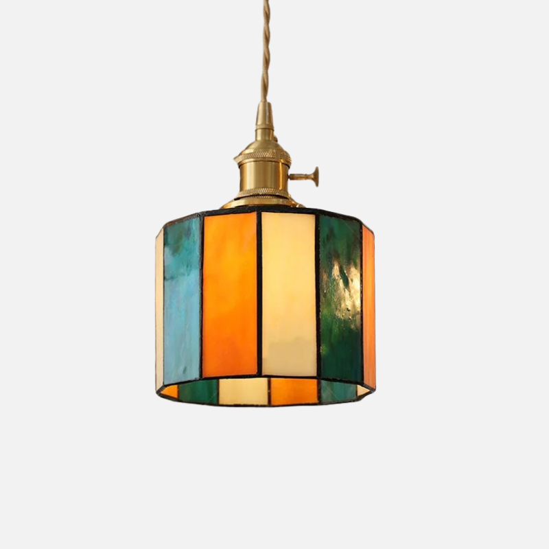 Moderne Hanglamp met Koperknop & Gekleurd Glas