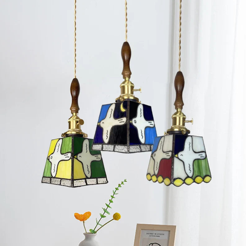 Moderne Hanglamp met Koperknop & Gekleurd Glas