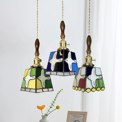 Moderne Hanglamp met Koperknop & Gekleurd Glas