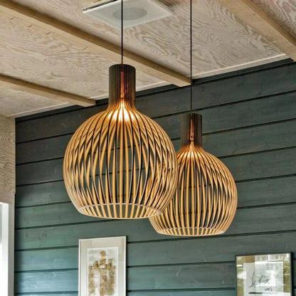 Vintage Houten Hanglamp met Uniek Licht