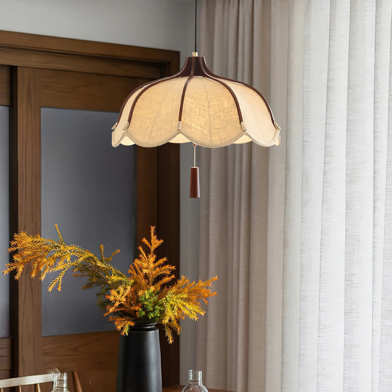 Vintage Lichtkunst Hangerlamp in Hout & Stof