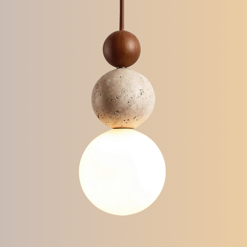 Travertijn en Houten Hanglamp met Opaal Glazen Lamp
