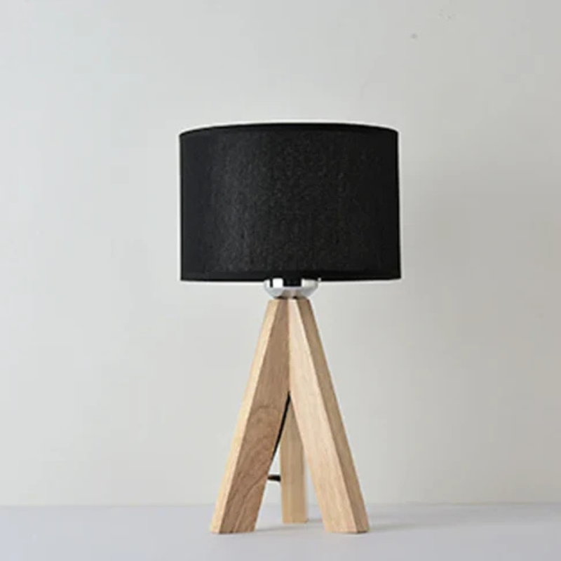 Houten Tafellamp met Zwart-Witte Stoffen Kap