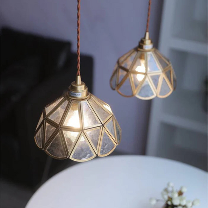 Vintage Bloemvormige Glazen Hanglamp met Messing Frame