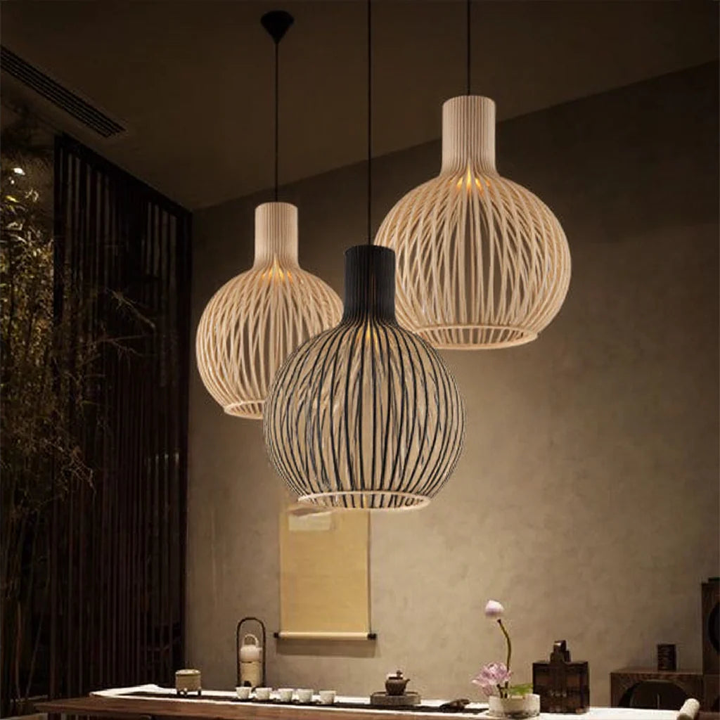Vintage Houten Hanglamp met Uniek Licht