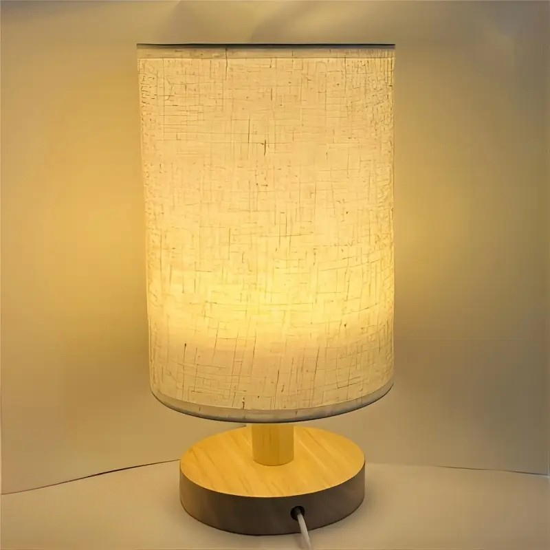 Minimalistische Japanse LED-Tafellamp met Houten Basis en Stoffen Kap