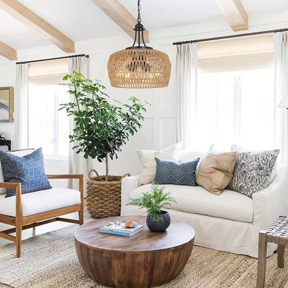 3-lichts Boho Boerderij Kroonluchter– Hanglamp met Gevlochten Rattan Look