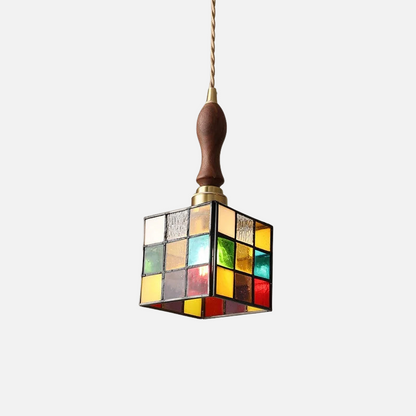 Moderne Hanglamp met Koperknop & Gekleurd Glas
