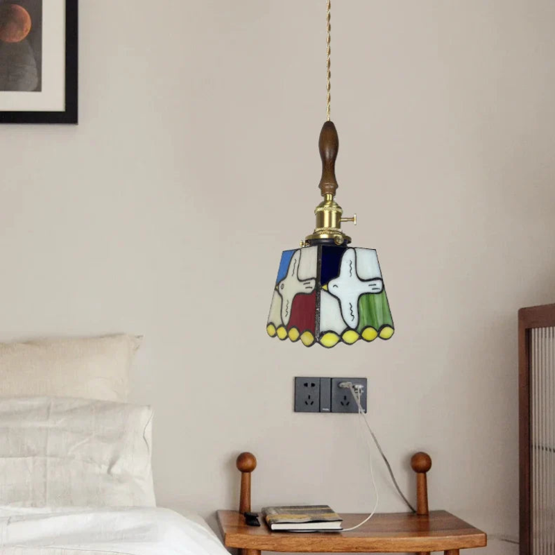 Moderne Hanglamp met Koperknop & Gekleurd Glas