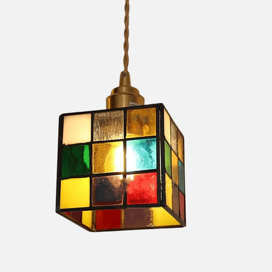 Moderne Hanglamp met Koperknop & Gekleurd Glas