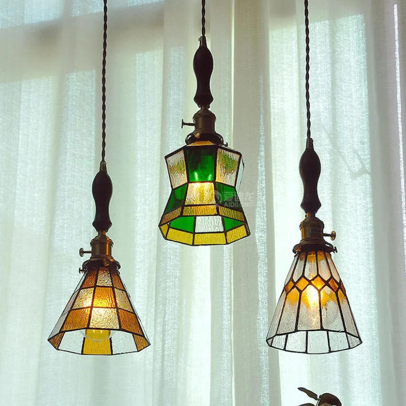 Luxe Walnoothouten Glazen Hanglamp