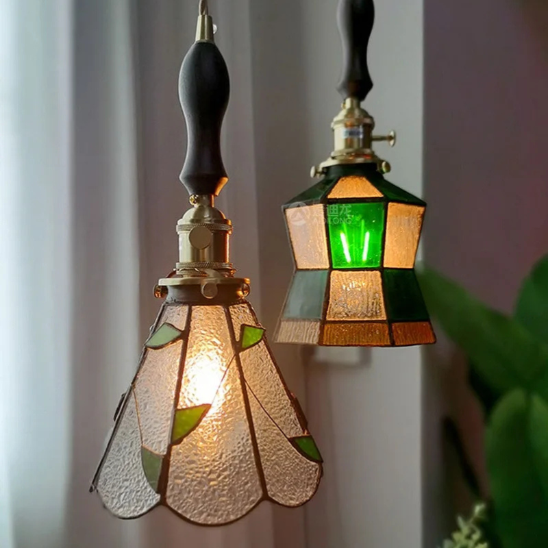 Luxe Walnoothouten Glazen Hanglamp