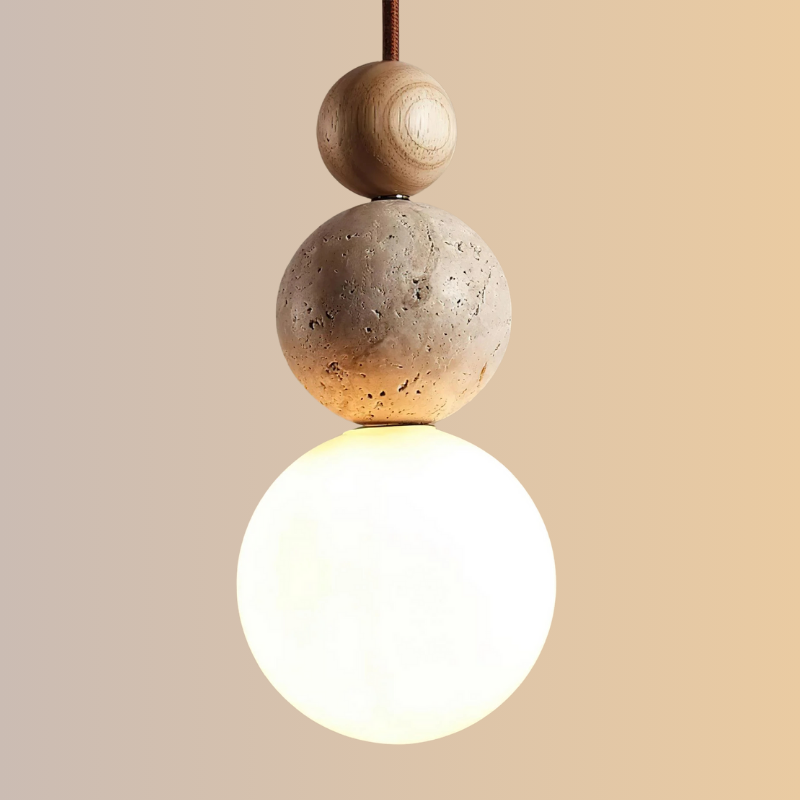 Travertijn en Houten Hanglamp met Opaal Glazen Lamp