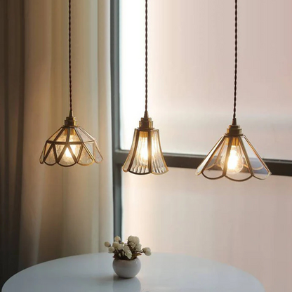 Vintage Bloemvormige Glazen Hanglamp met Messing Frame