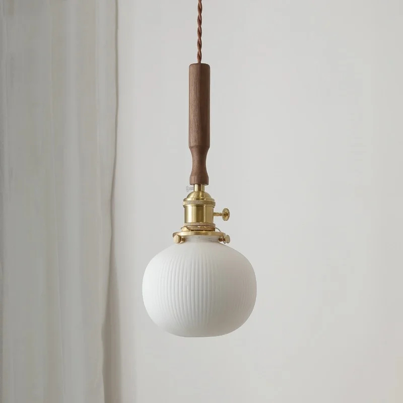Scandinavische Keramische LED Hanglamp met Walnoothout