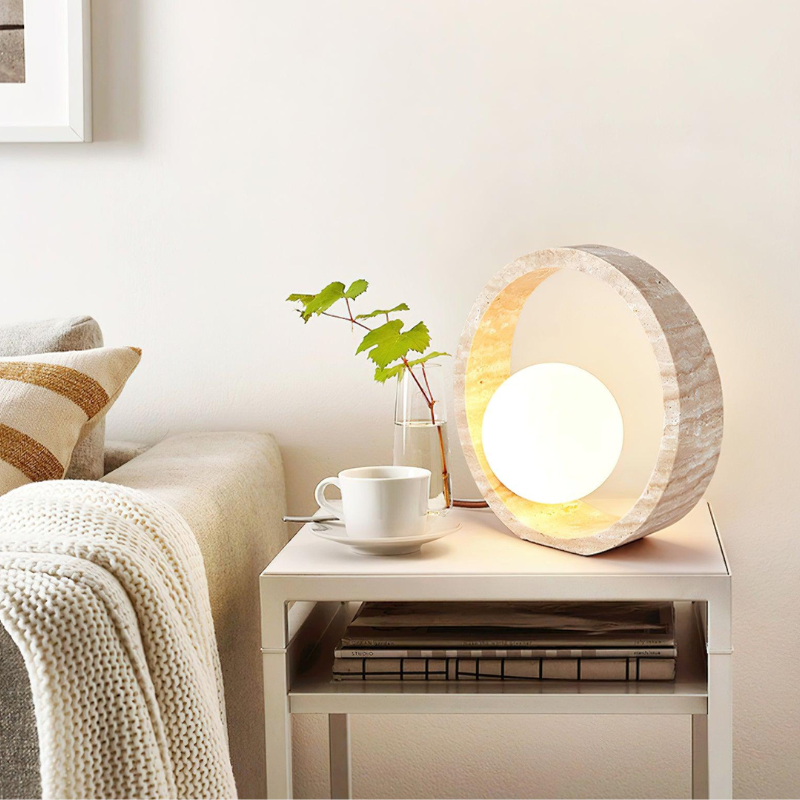 Q Circle Tafellamp 25 cm Natuurlijke Travertijn Elegantie