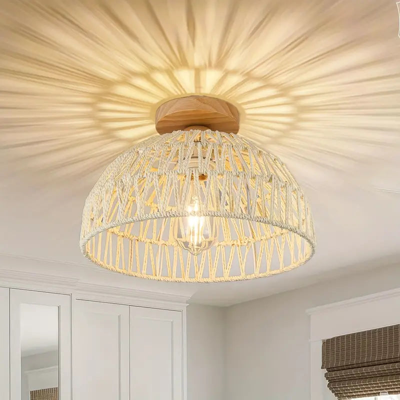 Boho Rotan Handgeweven Plafondlamp met Houten Basis