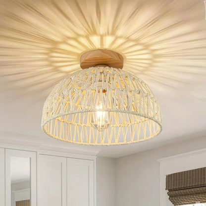 Boho Rotan Handgeweven Plafondlamp met Houten Basis