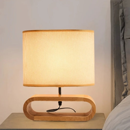 Usb-bureaulamp Met Klassieke Stoffen Kap En Houten Voet