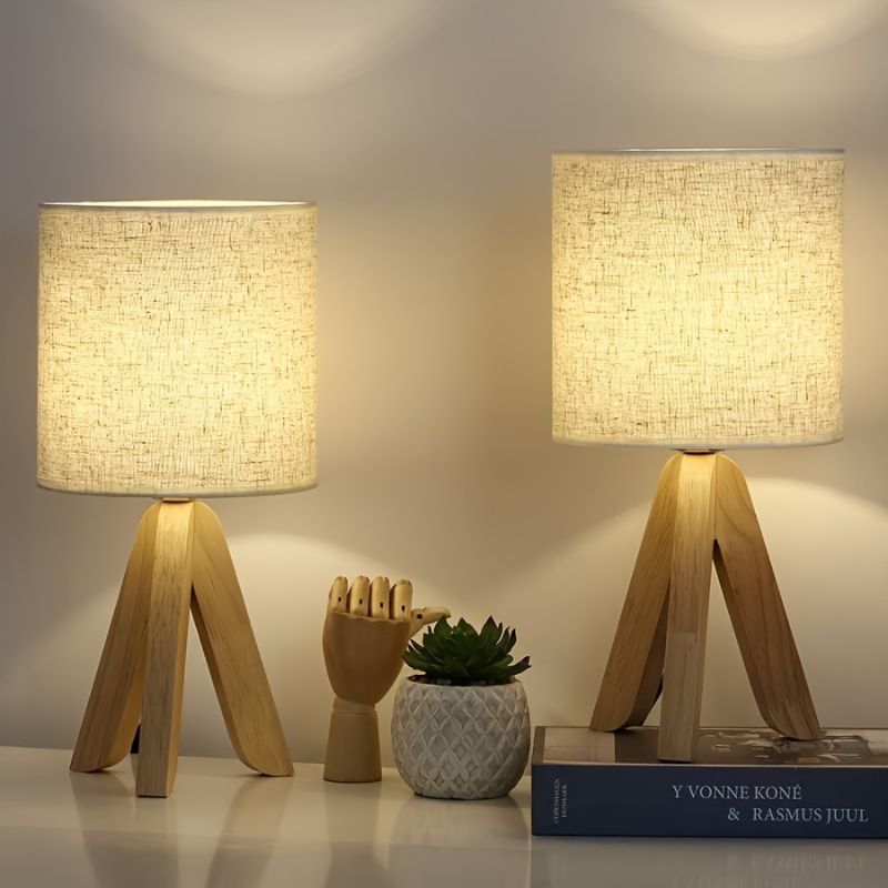 Houten Tripod Tafellamp met Stoffen Kap