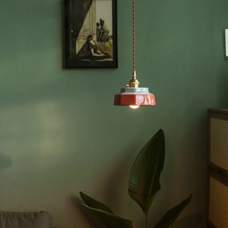 Vintage Keramieken Hanglamp met Koperaccent