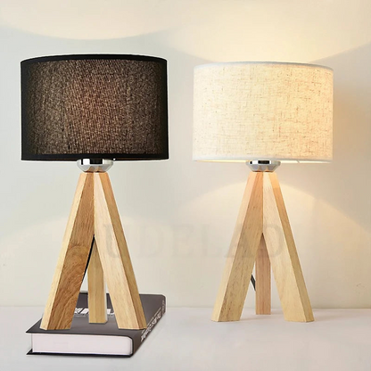 Houten Tafellamp met Zwart-Witte Stoffen Kap
