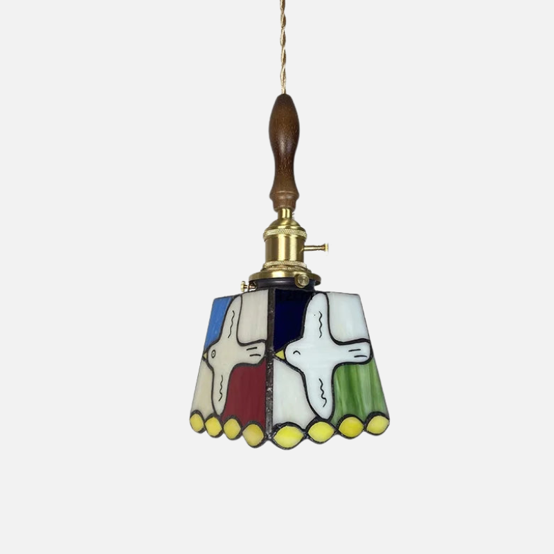 Moderne Hanglamp met Koperknop & Gekleurd Glas