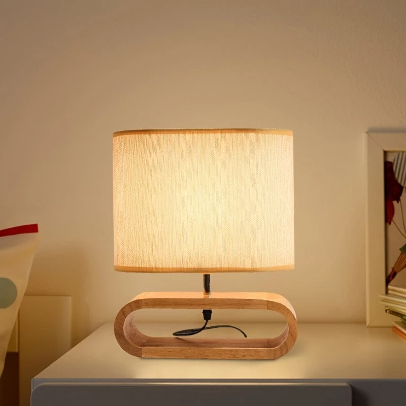 Usb-bureaulamp Met Klassieke Stoffen Kap En Houten Voet