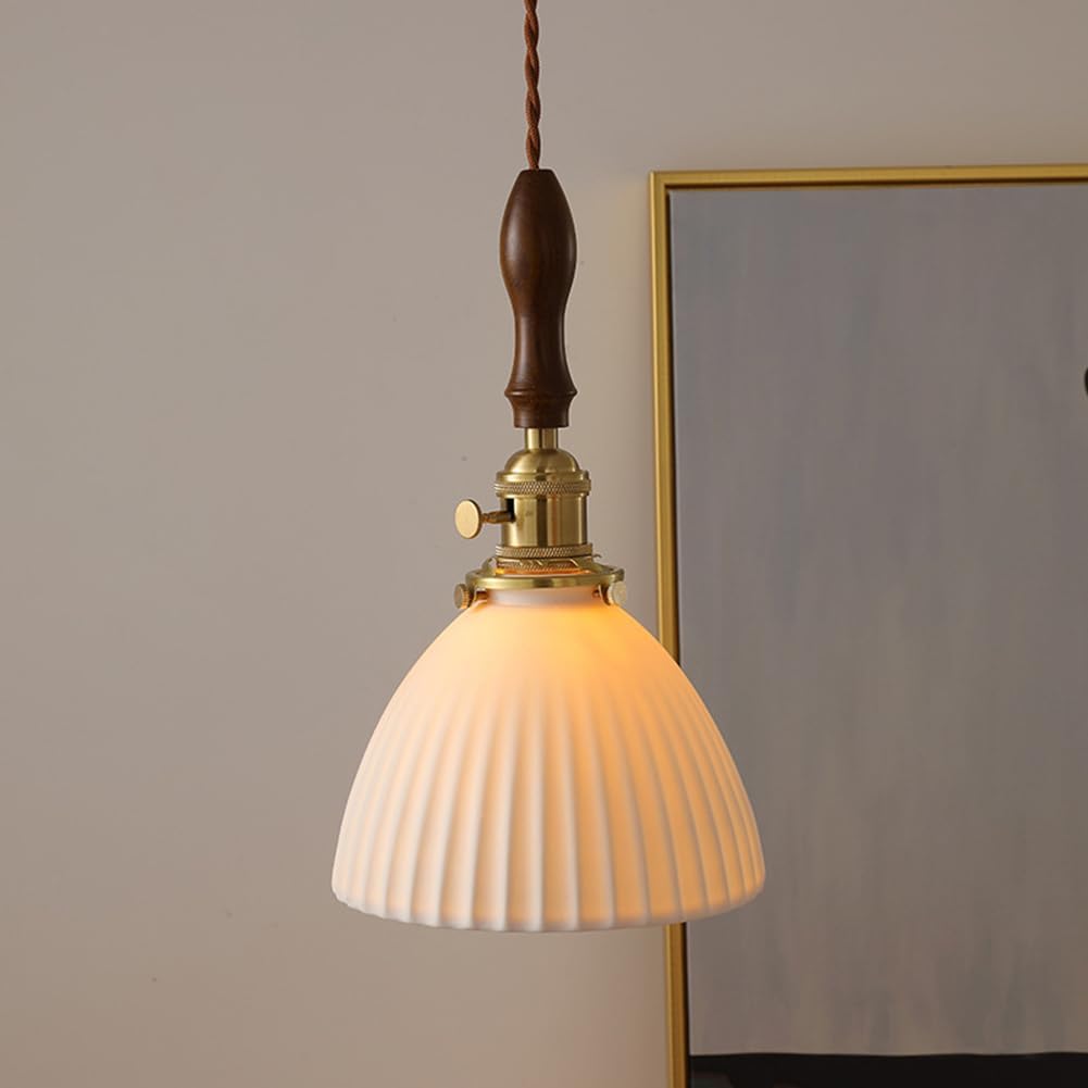 Scandinavische Keramische LED Hanglamp met Walnoothout