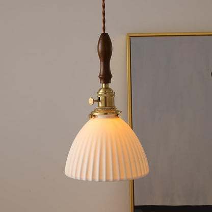 Scandinavische Keramische LED Hanglamp met Walnoothout