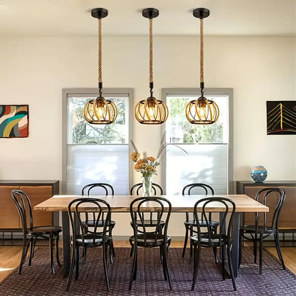 Industriële Hanglamp met Gevlochten Touw en IJzeren Frame