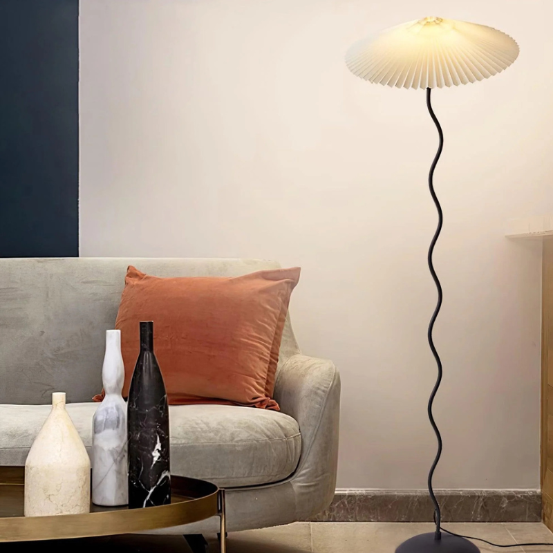 Sculpturale Squiggle Vloerlamp met Geplisseerde Kap