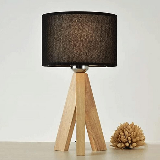 Houten Tafellamp met Zwart-Witte Stoffen Kap
