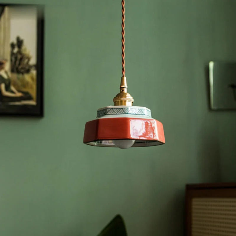 Vintage Keramieken Hanglamp met Koperaccent