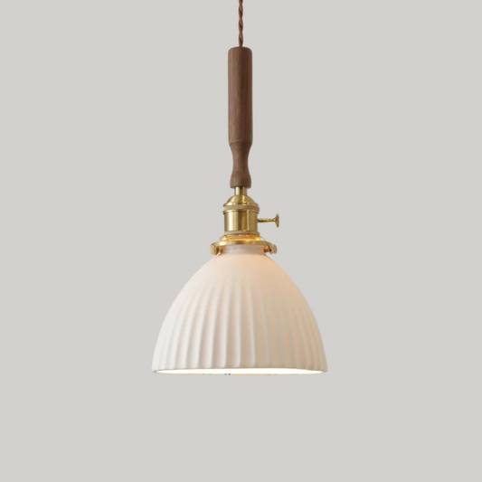 Scandinavische Keramische LED Hanglamp met Walnoothout