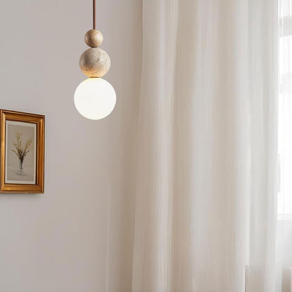 Travertijn en Houten Hanglamp met Opaal Glazen Lamp